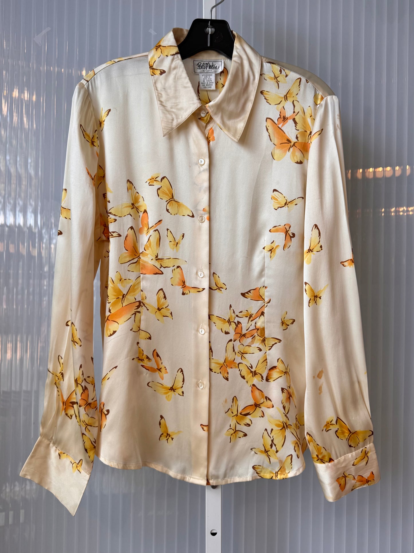 1980s Bob Mackie Cream Blouse w/ Yellow Butterfly Print