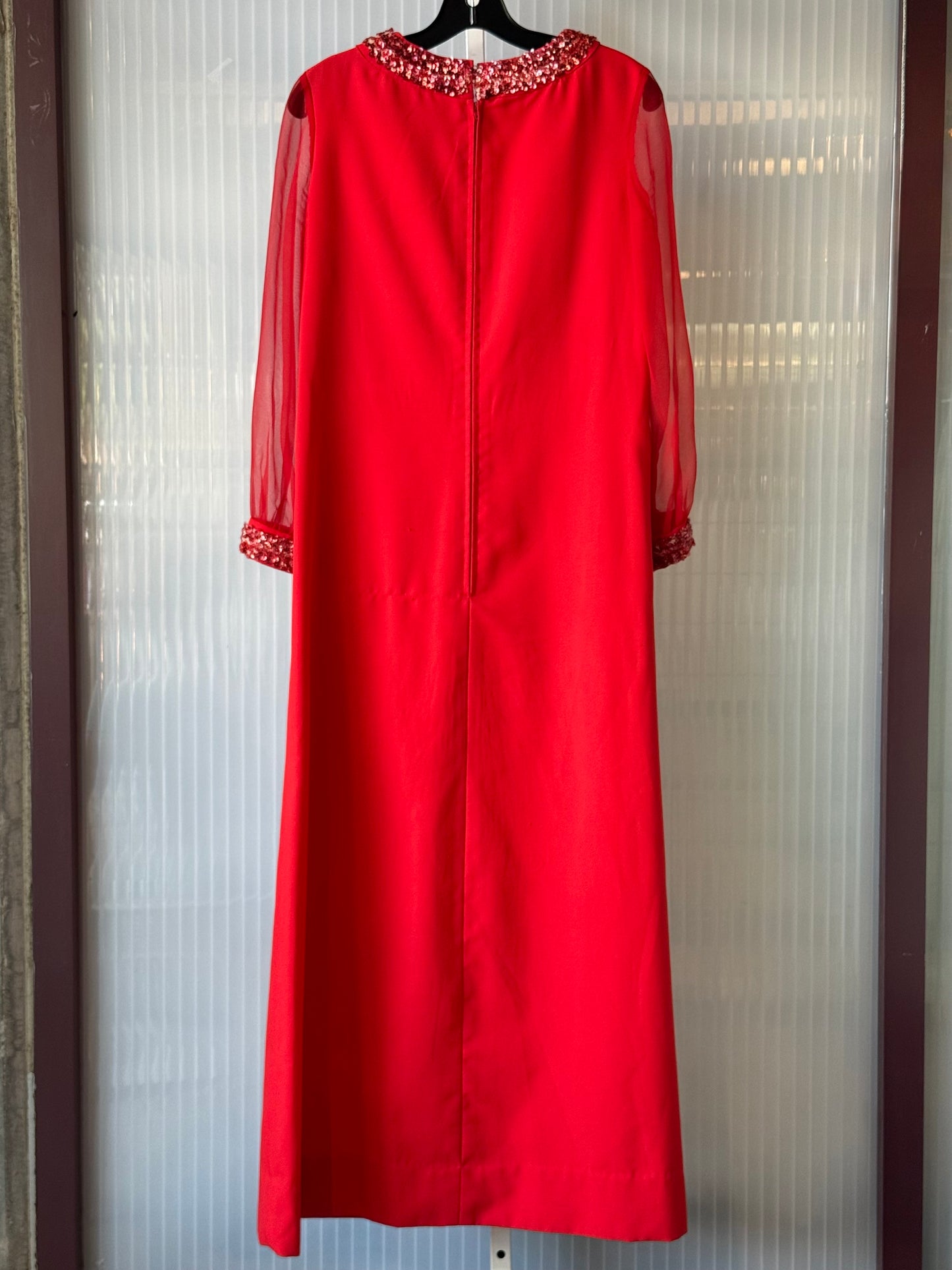 1970s Red Sheer-Sleeve Gown with Sequin Collar & Cuff