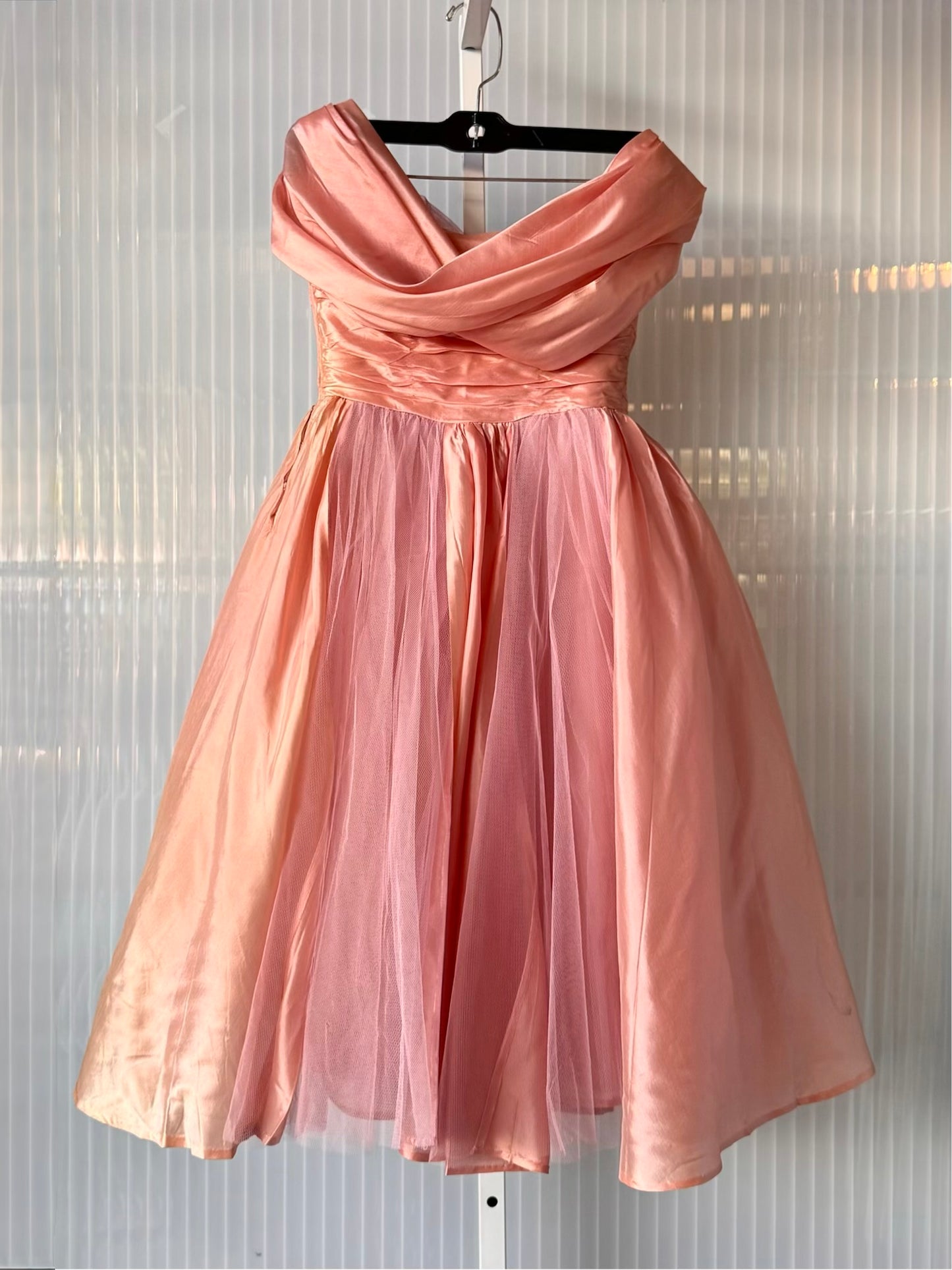1960s Bubblegum Pink Satin & Tulle Bouffant Formal Dress