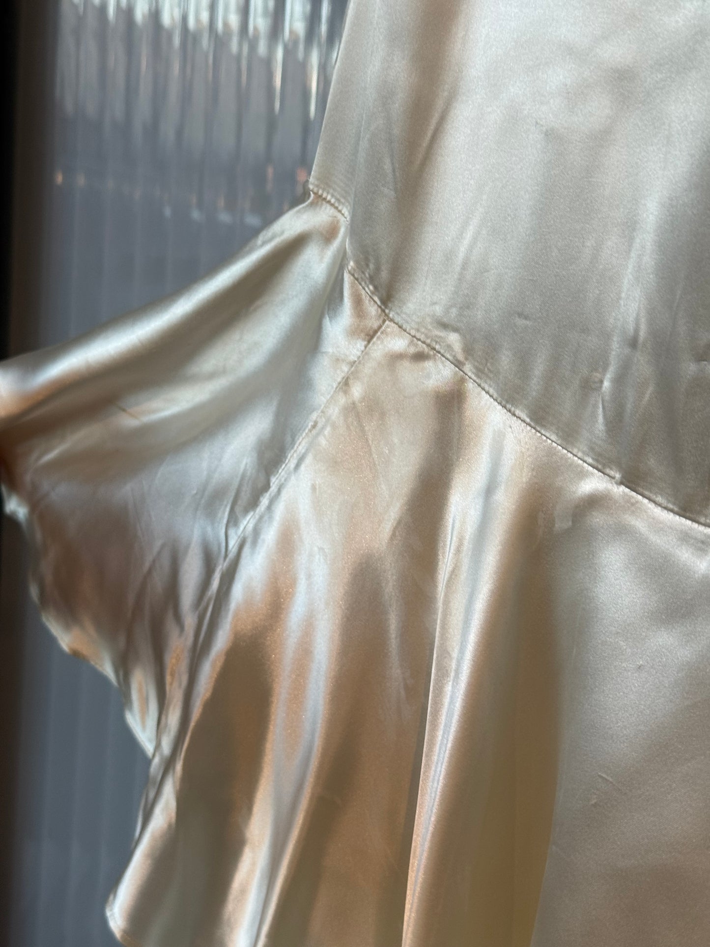 1930s Cream Silk Gown w/ Drop Waist Ruffle & Off-Shoulder sleeves.