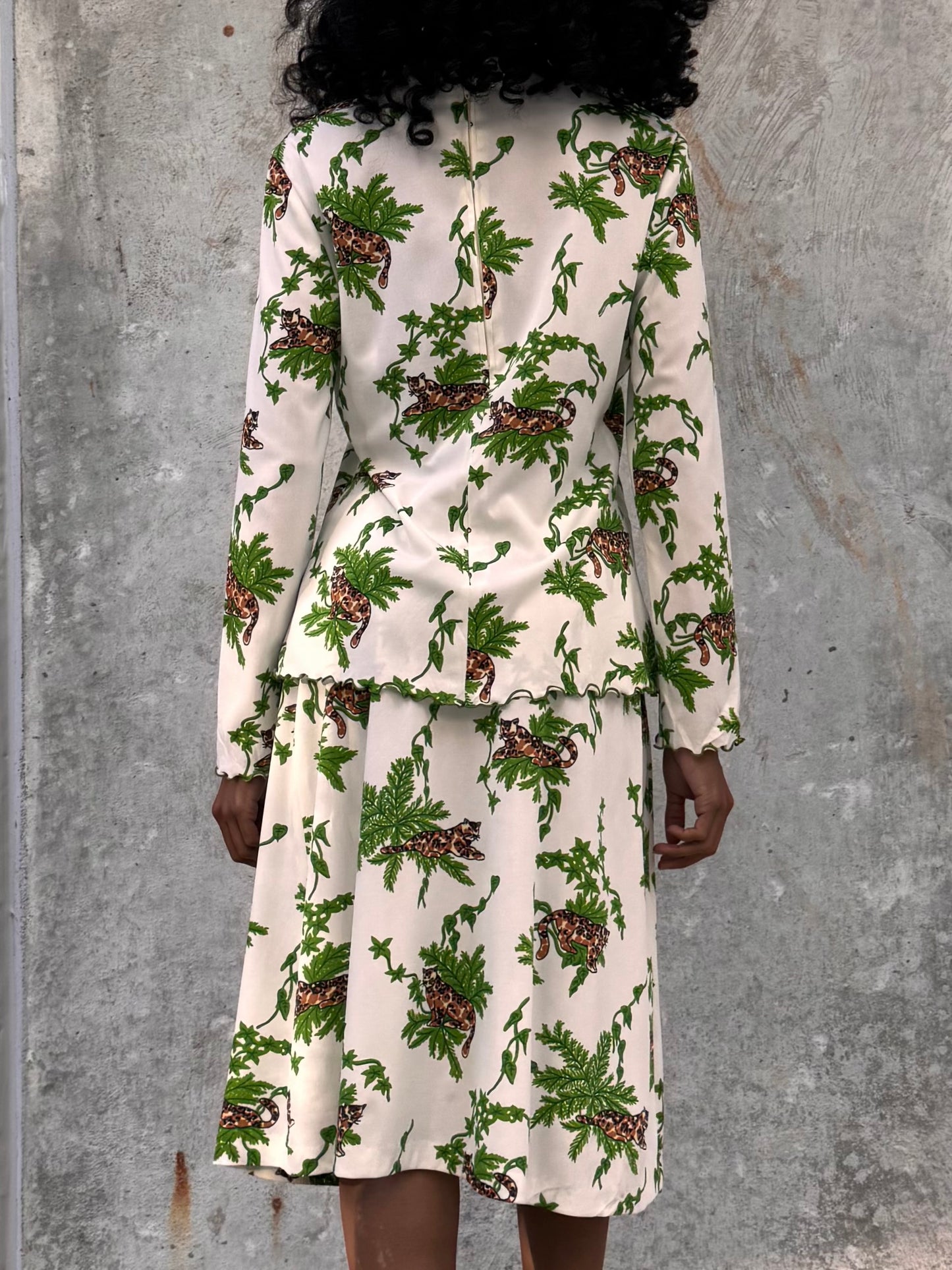 1970s White & Green Jaguar Print Top & Skirt Set