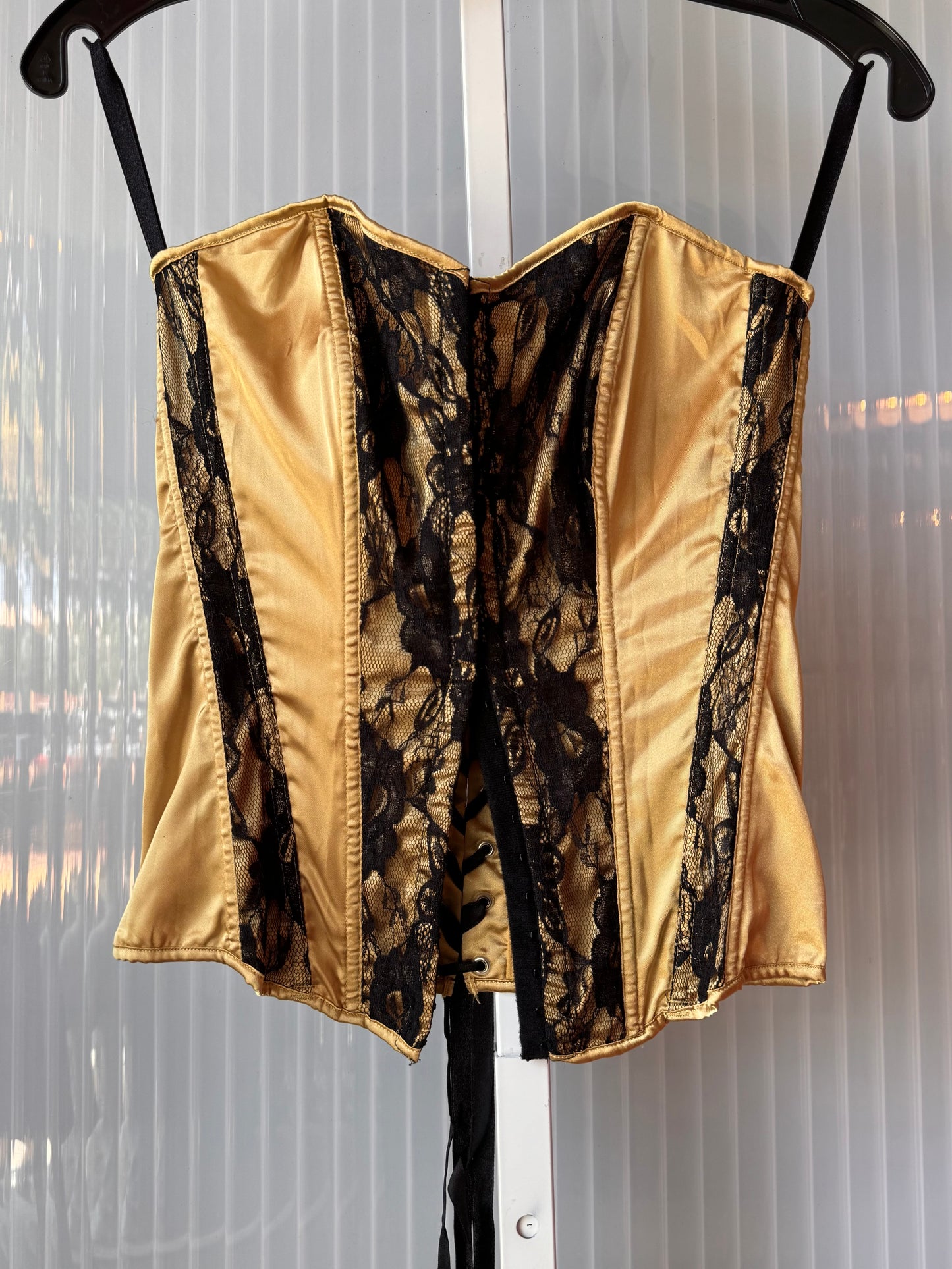Y2K Fredericks of Hollywood Gold Satin & Black Lace Corset