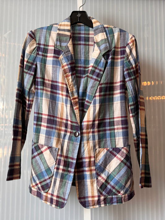 1970s White Blue & Green Madras Blazer Jacket
