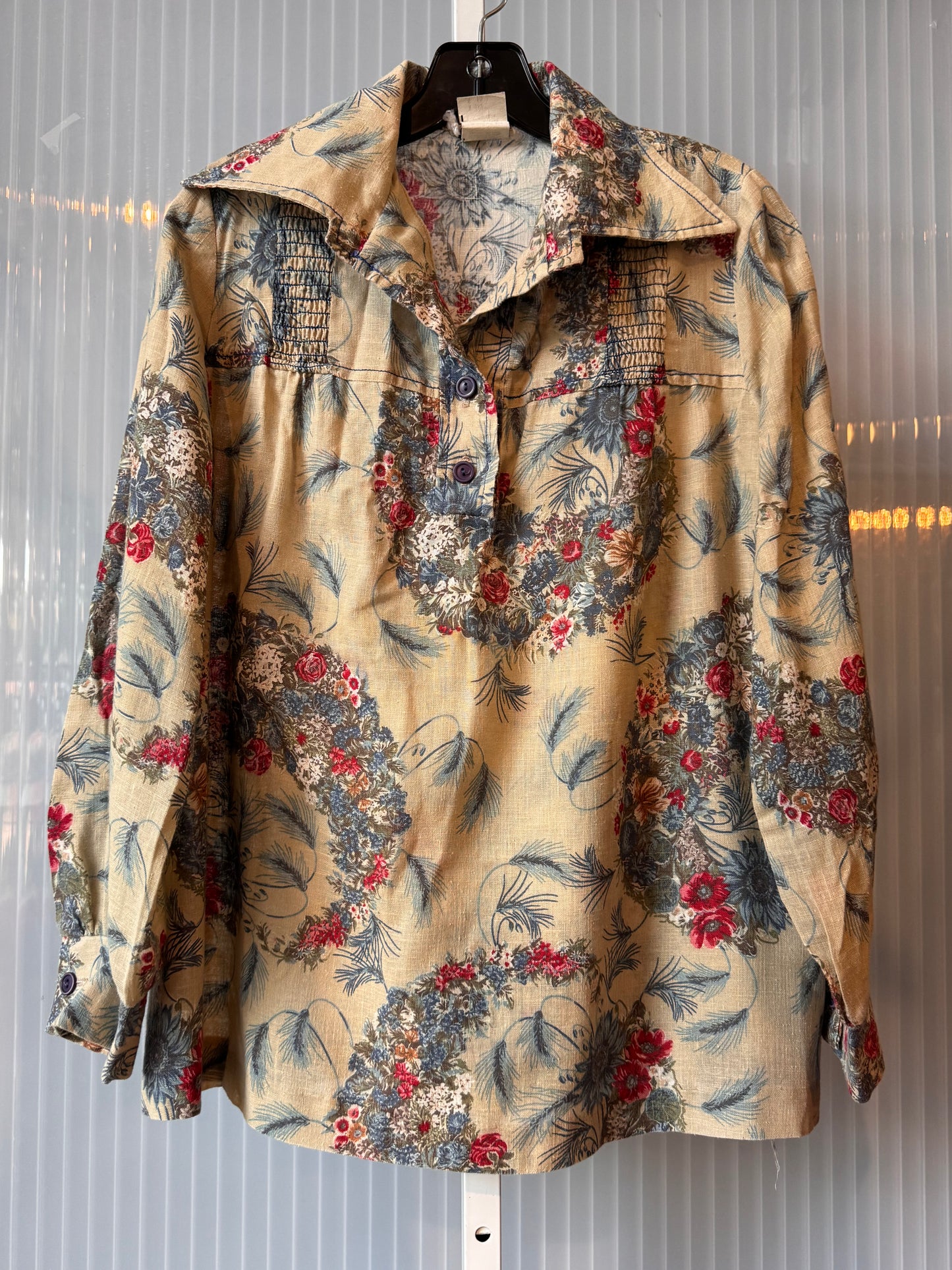 1970s Taupe & Blue Floral Maternity Blouse