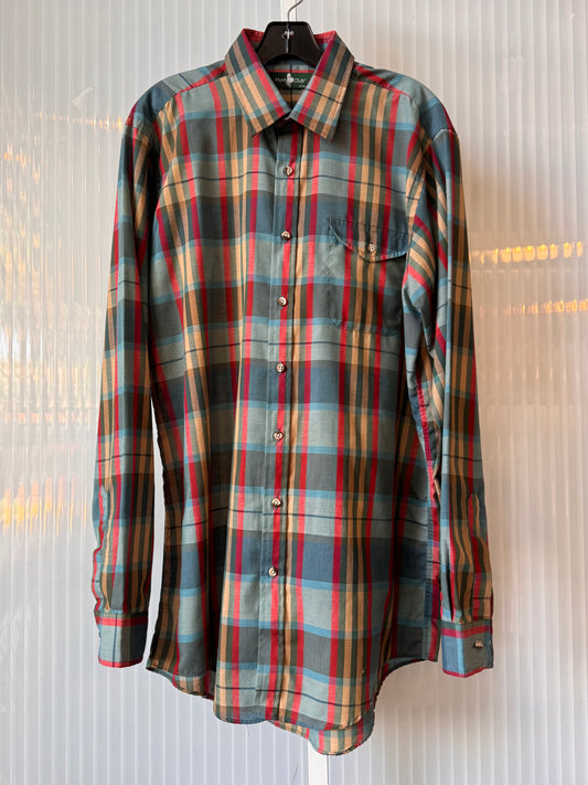 1990s Teal & Red Plaid Button-up Shirt