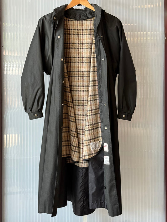 1960s Black Trench Coat w/ Plaid Tweed Lining