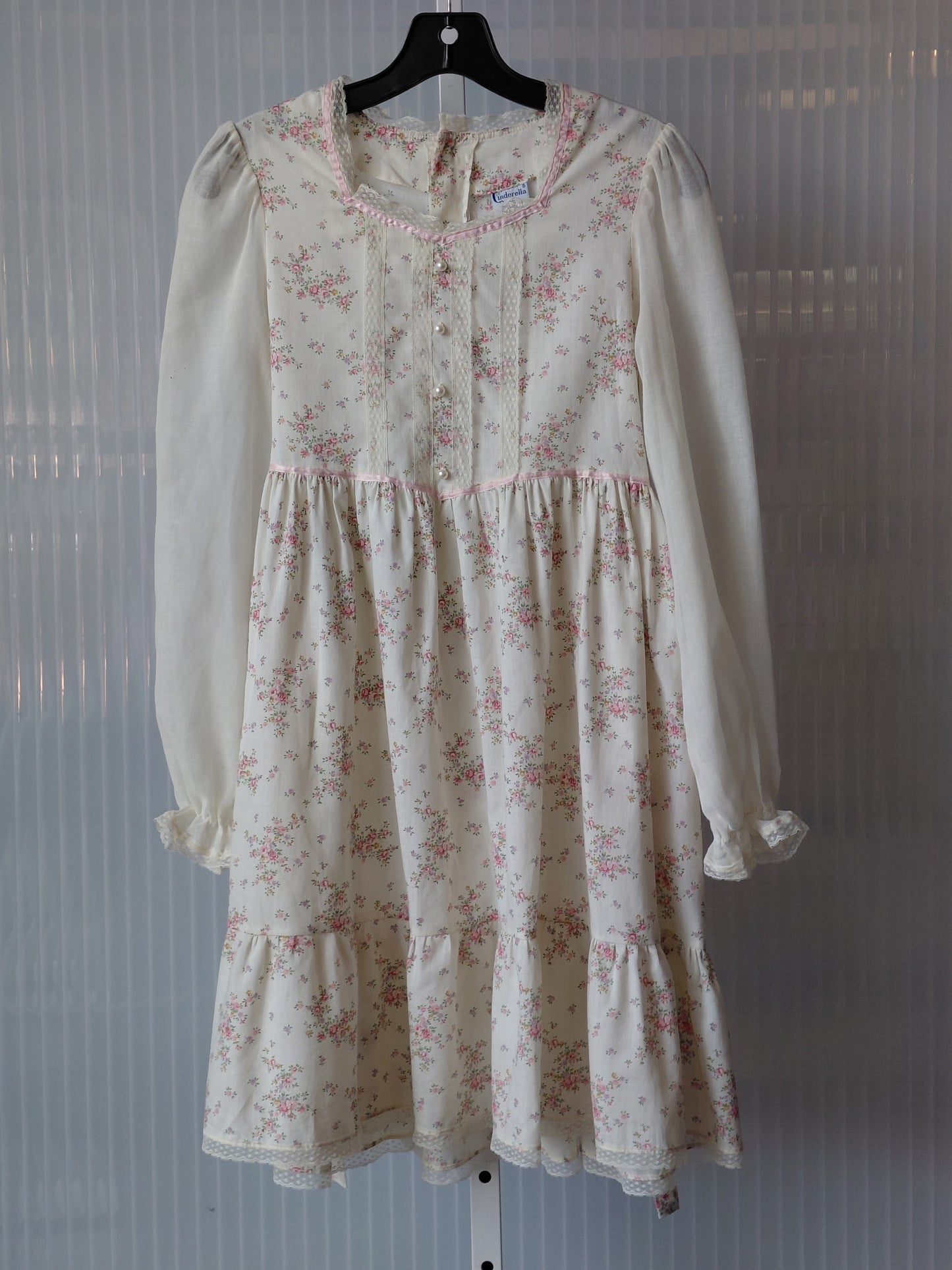 1970s Kid's White Prairie Sundress w/ Pink Flower Print
