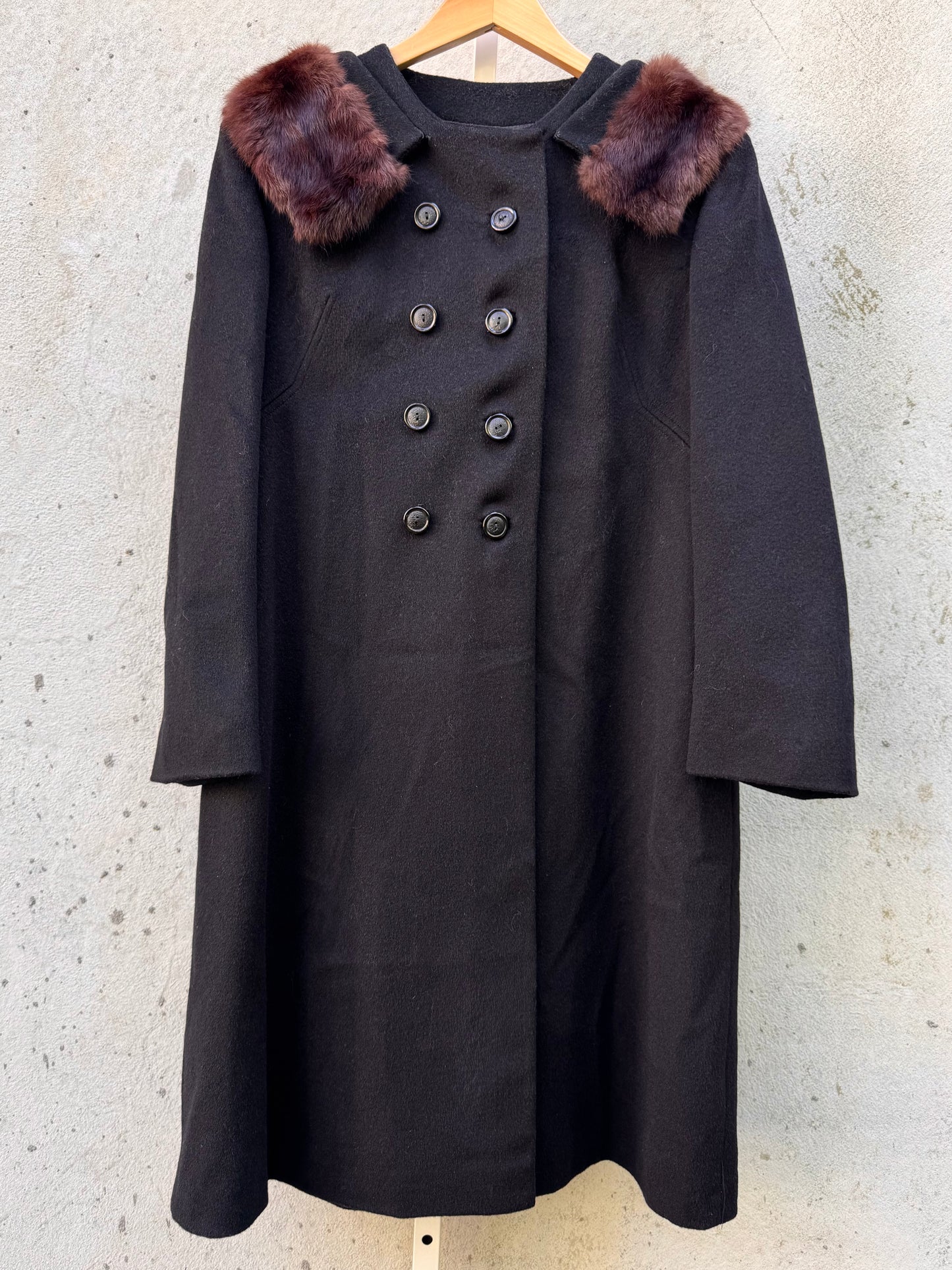 Black Wool Coat with Dark Brown Mink Collar