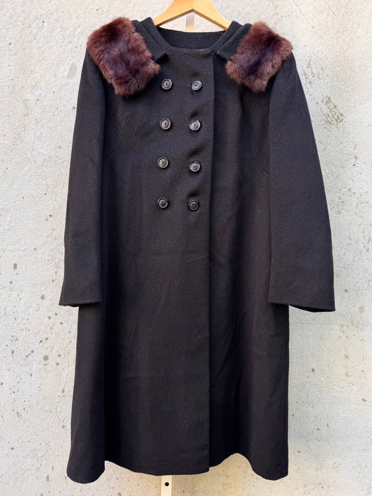 Black Wool Coat with Dark Brown Mink Collar