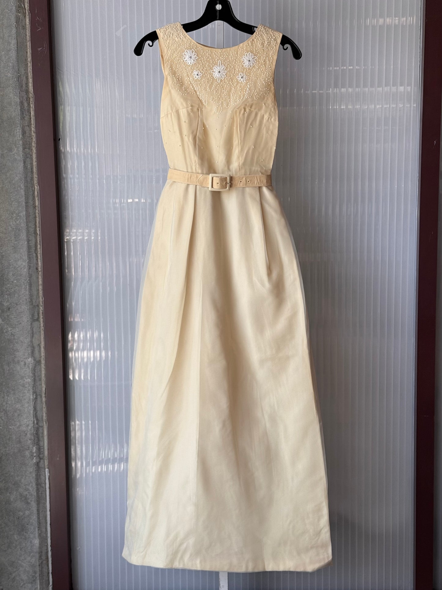1970s Lemon Yellow Sheer Layered Gown w/ White Beading