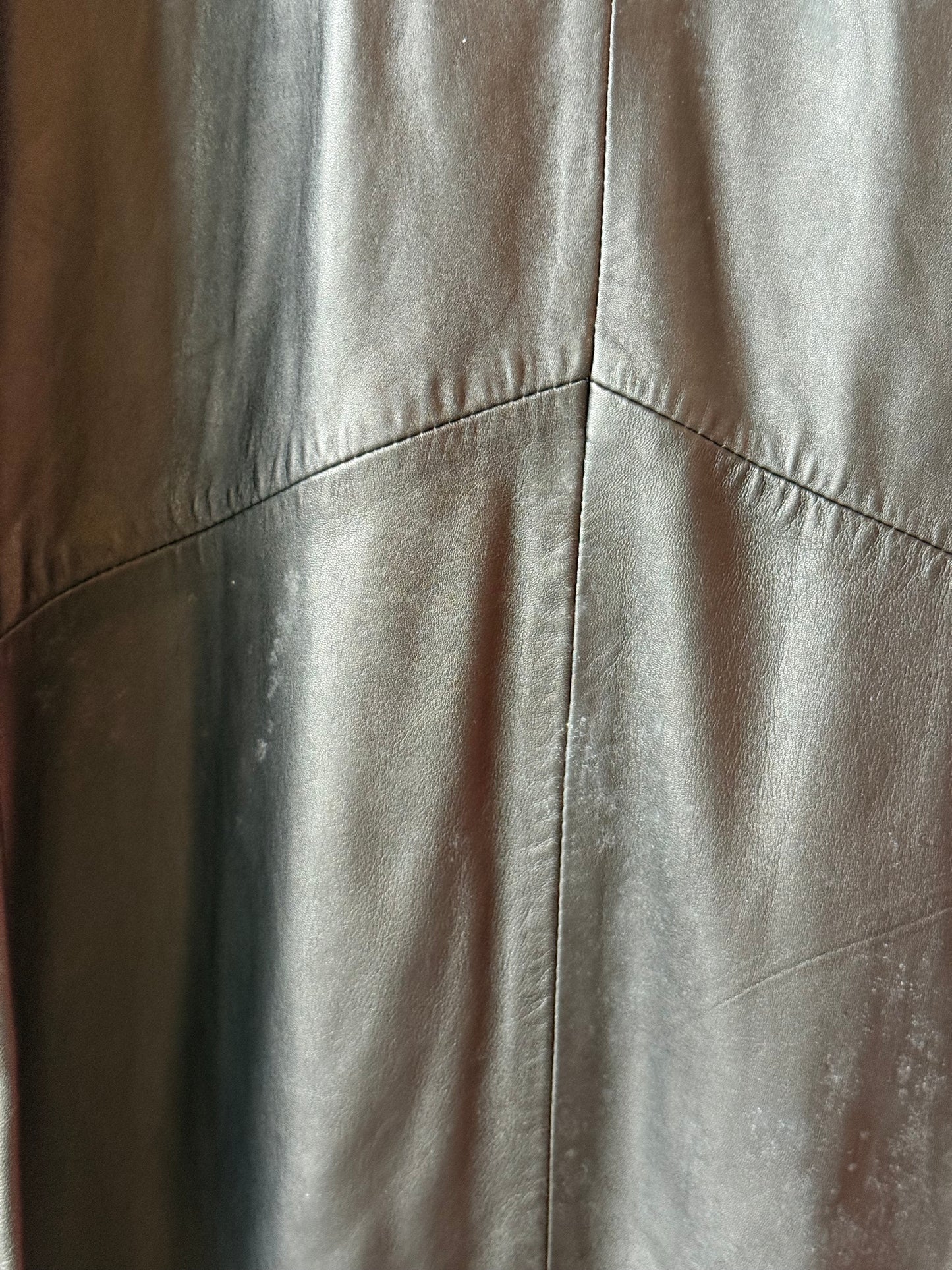 1990s Full Length Black Double Breasted Leather Trench Coat