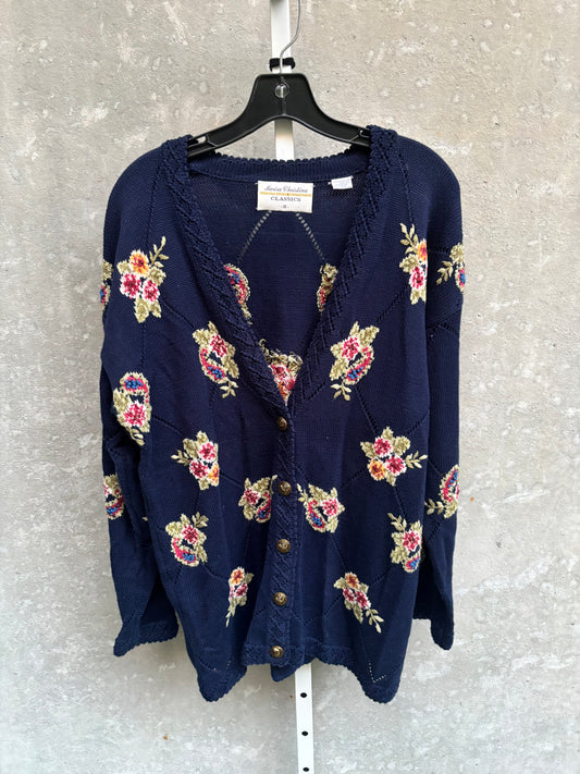 1990s Navy Knit Cardigan with Floral Pattern