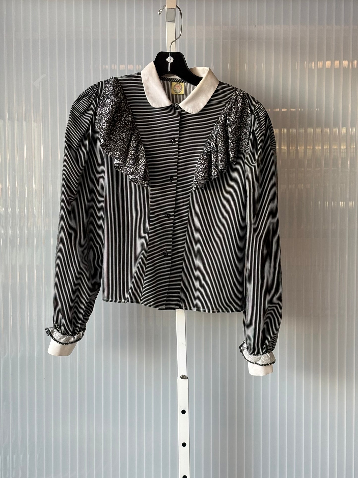 1970s Black & White Striped Frilly Blouse