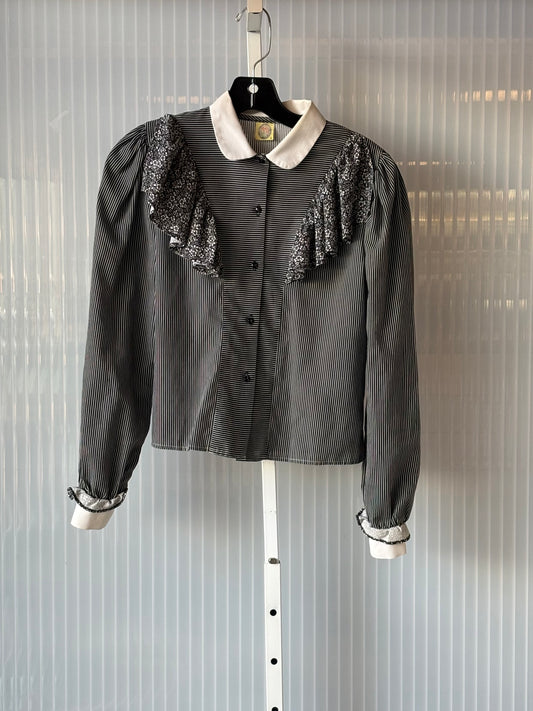 1970s Black & White Striped Frilly Blouse