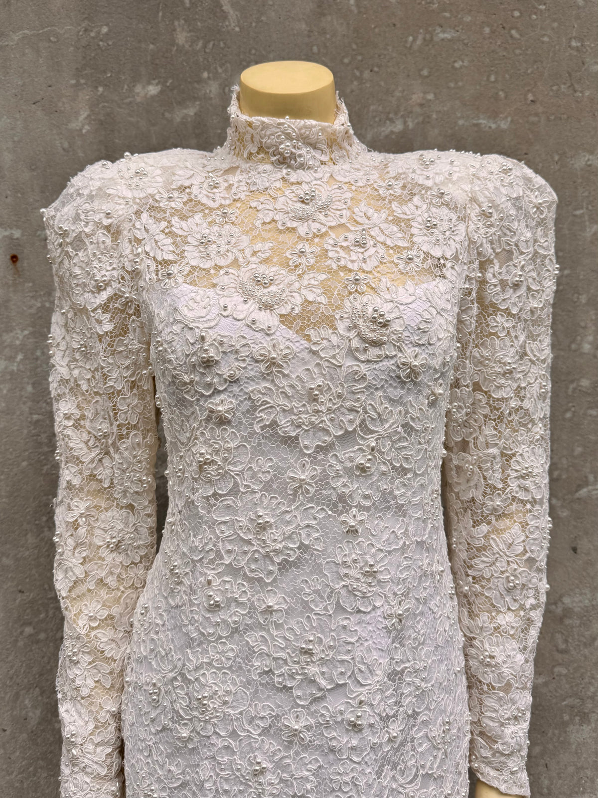 1980s Off-white Floral Lace & Pearl Taffeta Wedding Dress