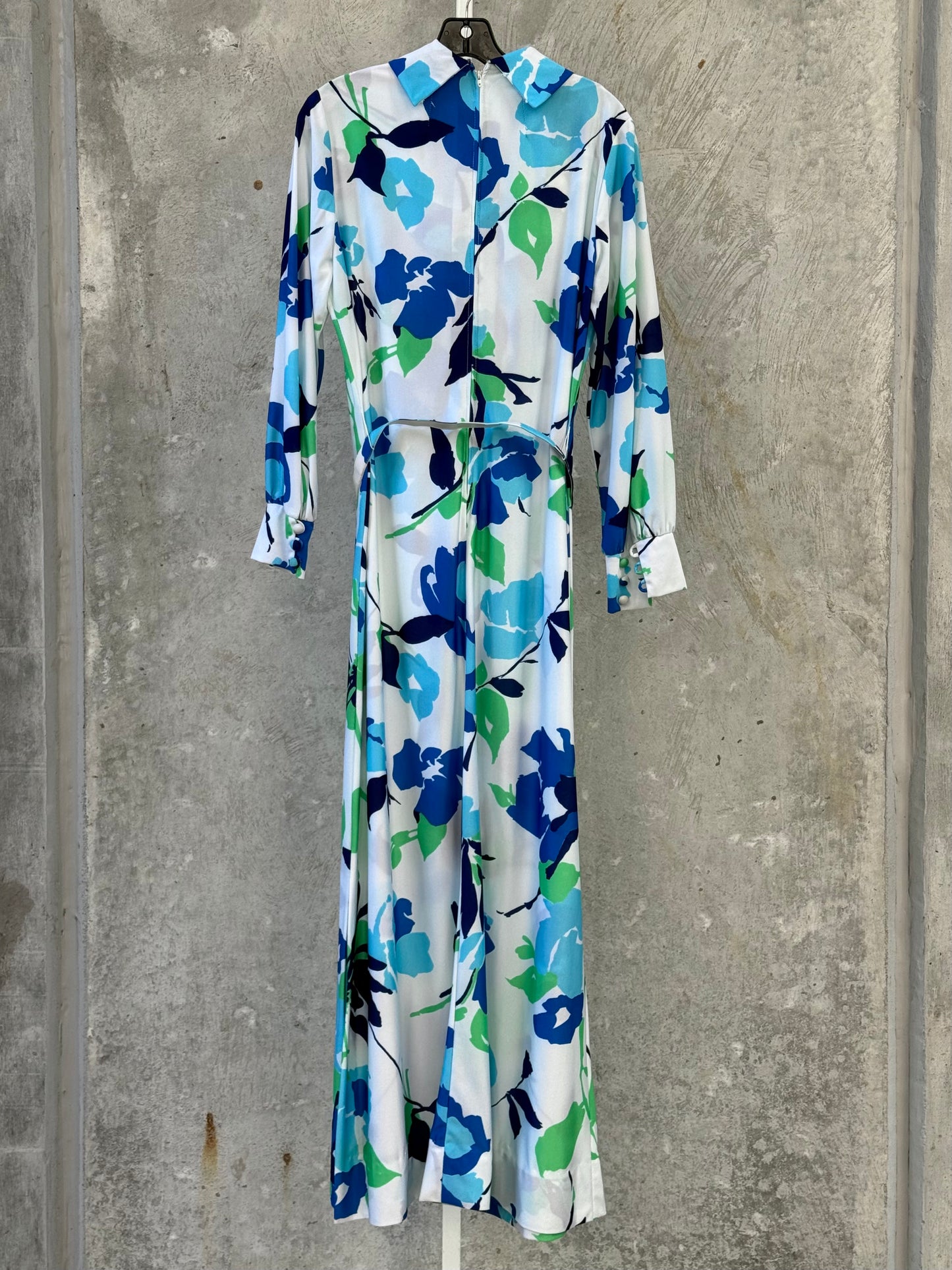 1970s White Dress with Blue & Green Floral Print