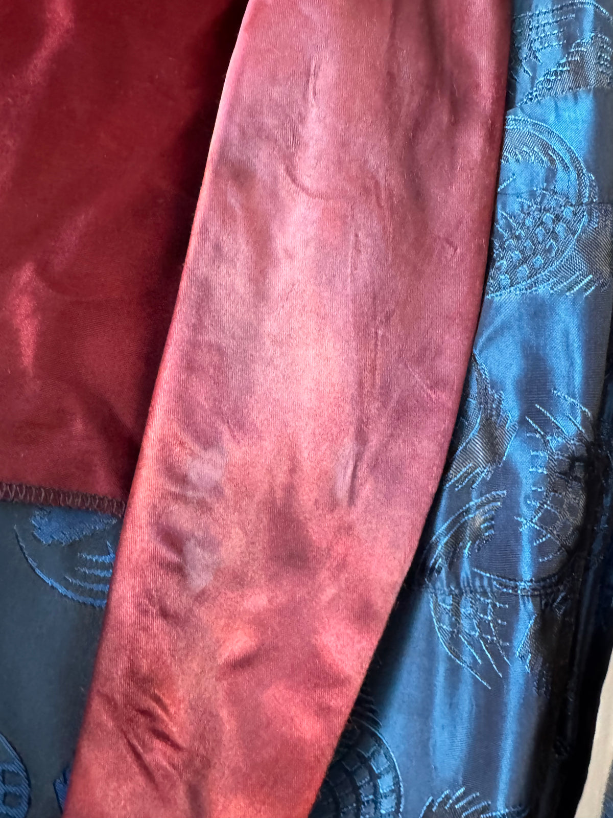 1960s Dark Teal Blue & Burgundy Satin Smoking Robe