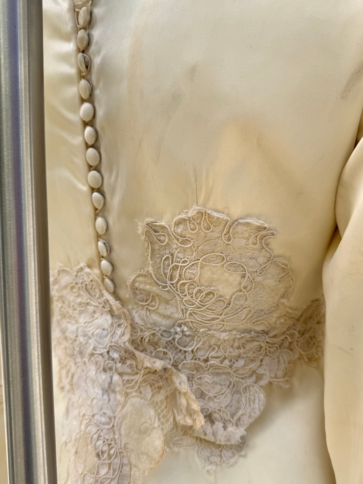 Late 1960s / Early 1970s Cream Satin & Lace Wedding Dress