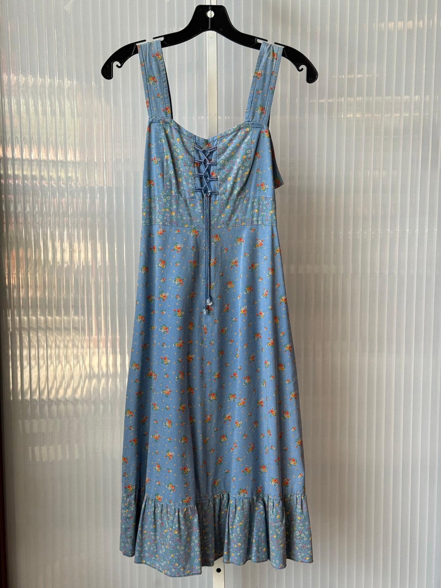 1970s Denim Floral Sun Dress w/ Lace-Up Bust