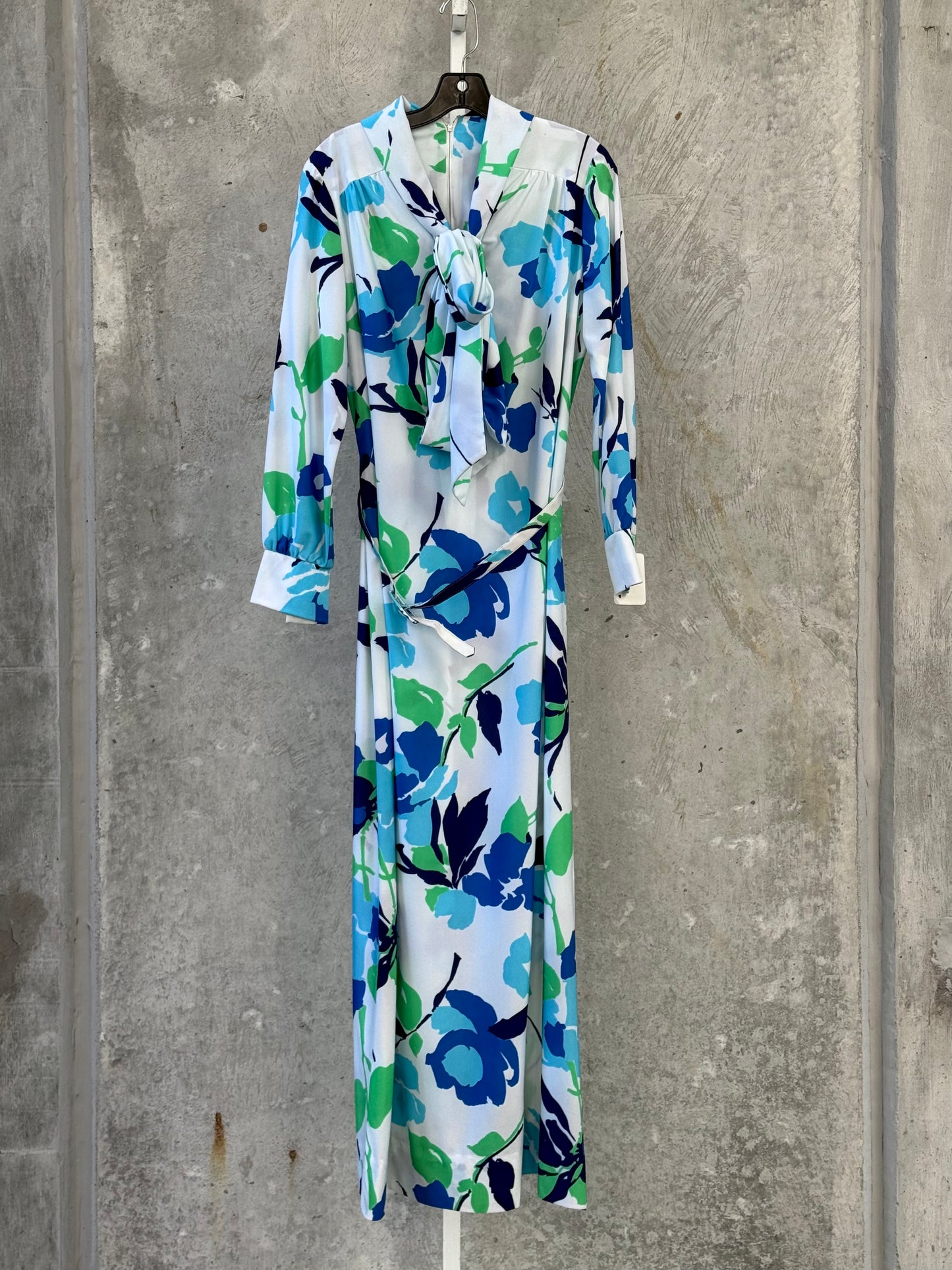 1970s White Dress with Blue & Green Floral Print