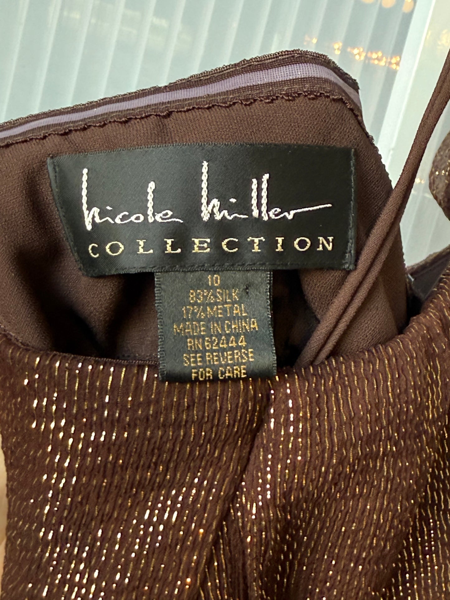 2000s Nicole Miller Brown and Gold Sparkly Halter Dress