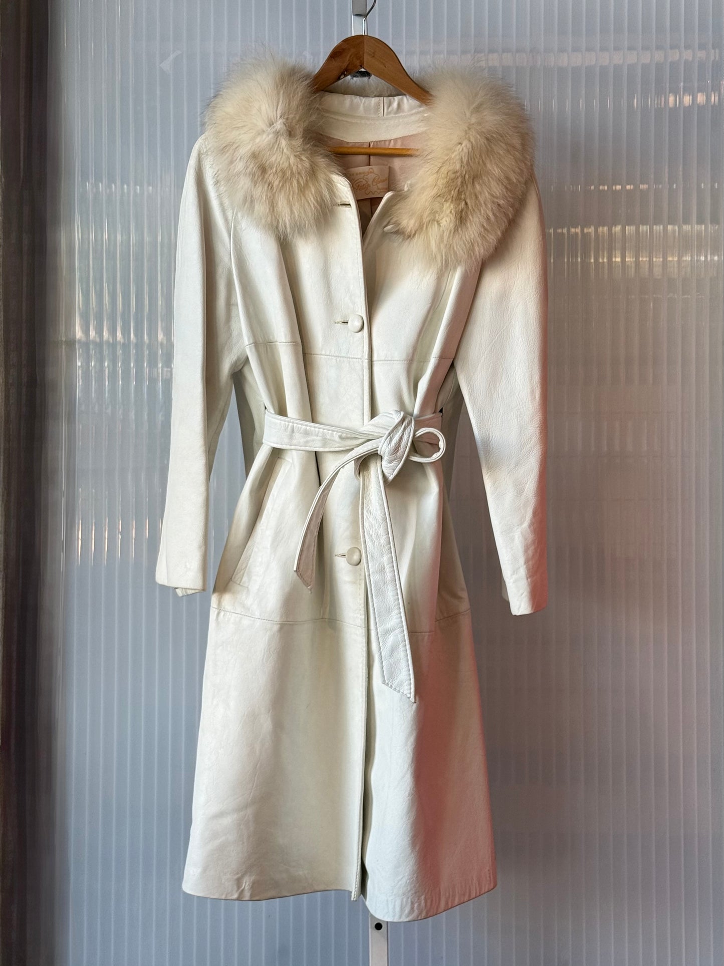 1970s White Leather Fur Collar Trench Coat