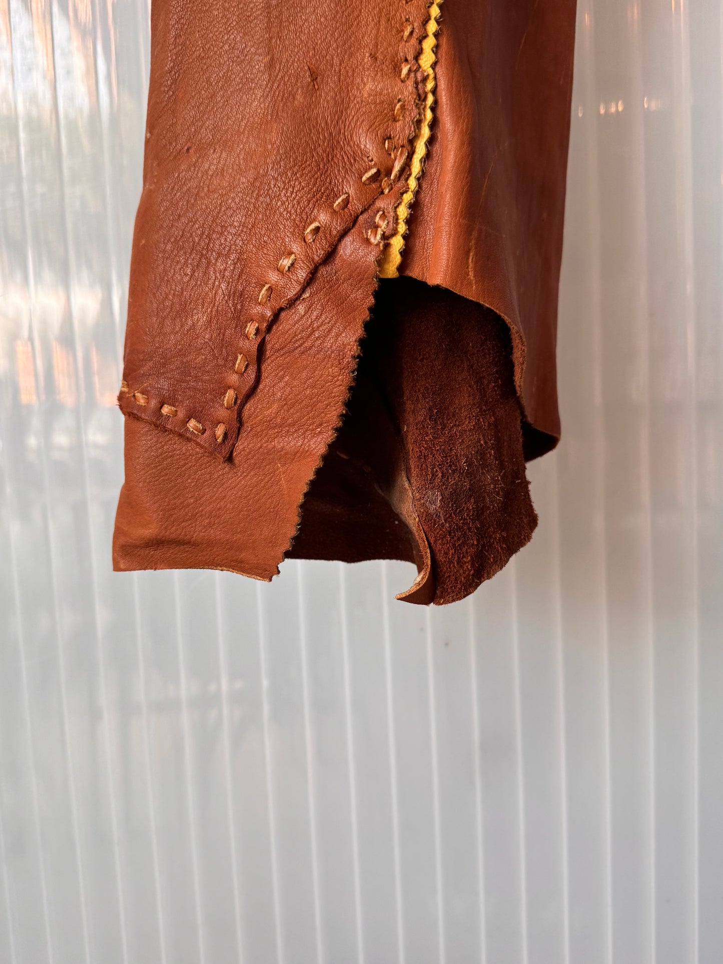 1970s Carmel Leather Pants w/ Large Carved Buttons
