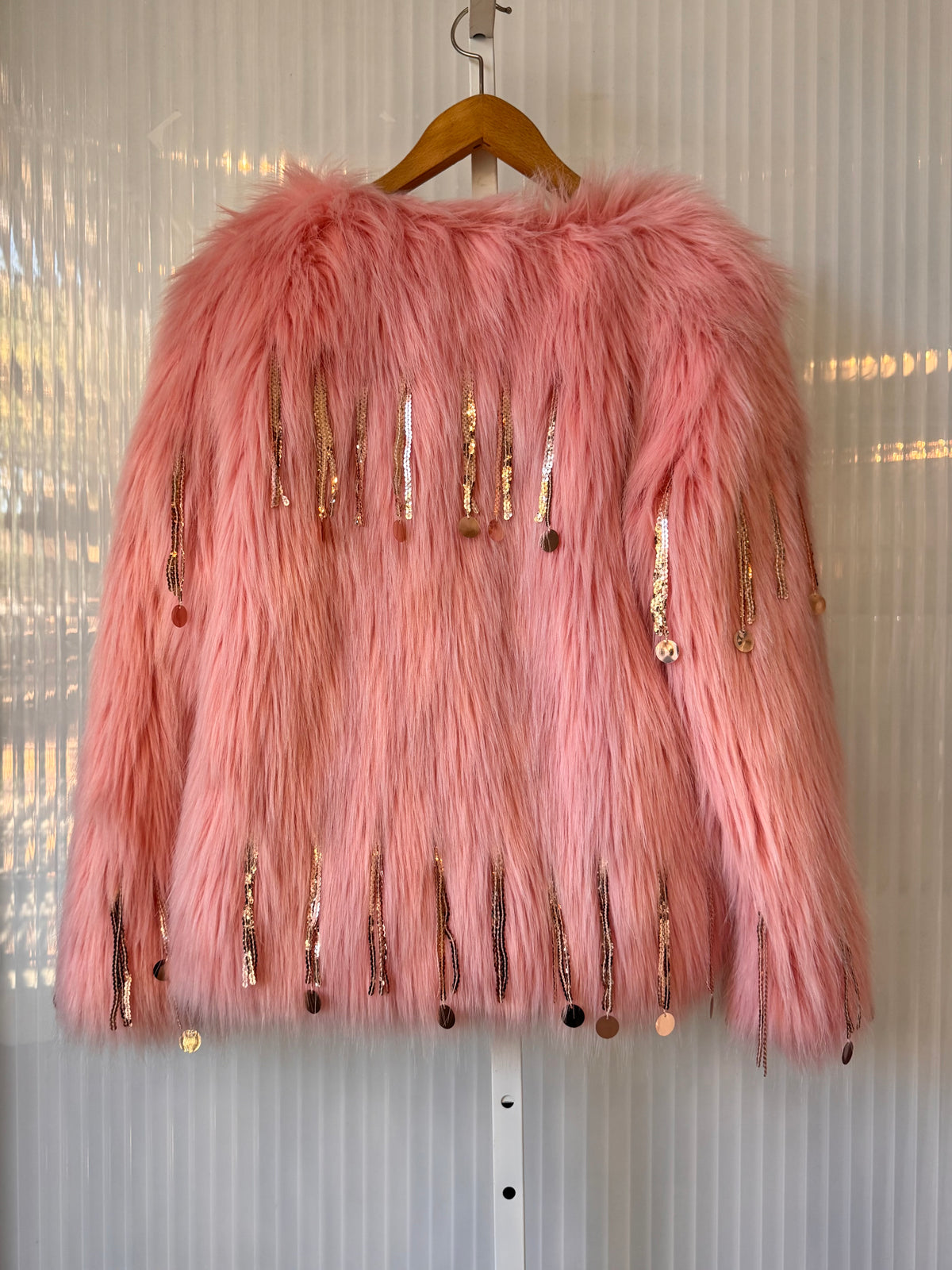 2010s Pink Faux Fur Coat with Sequin Tassles