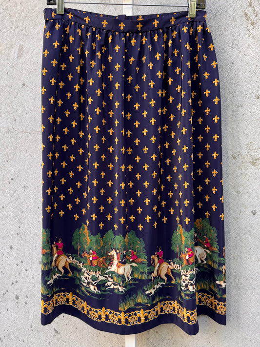 1980s Navy Blue Fox Hunting Print Midi Skirt