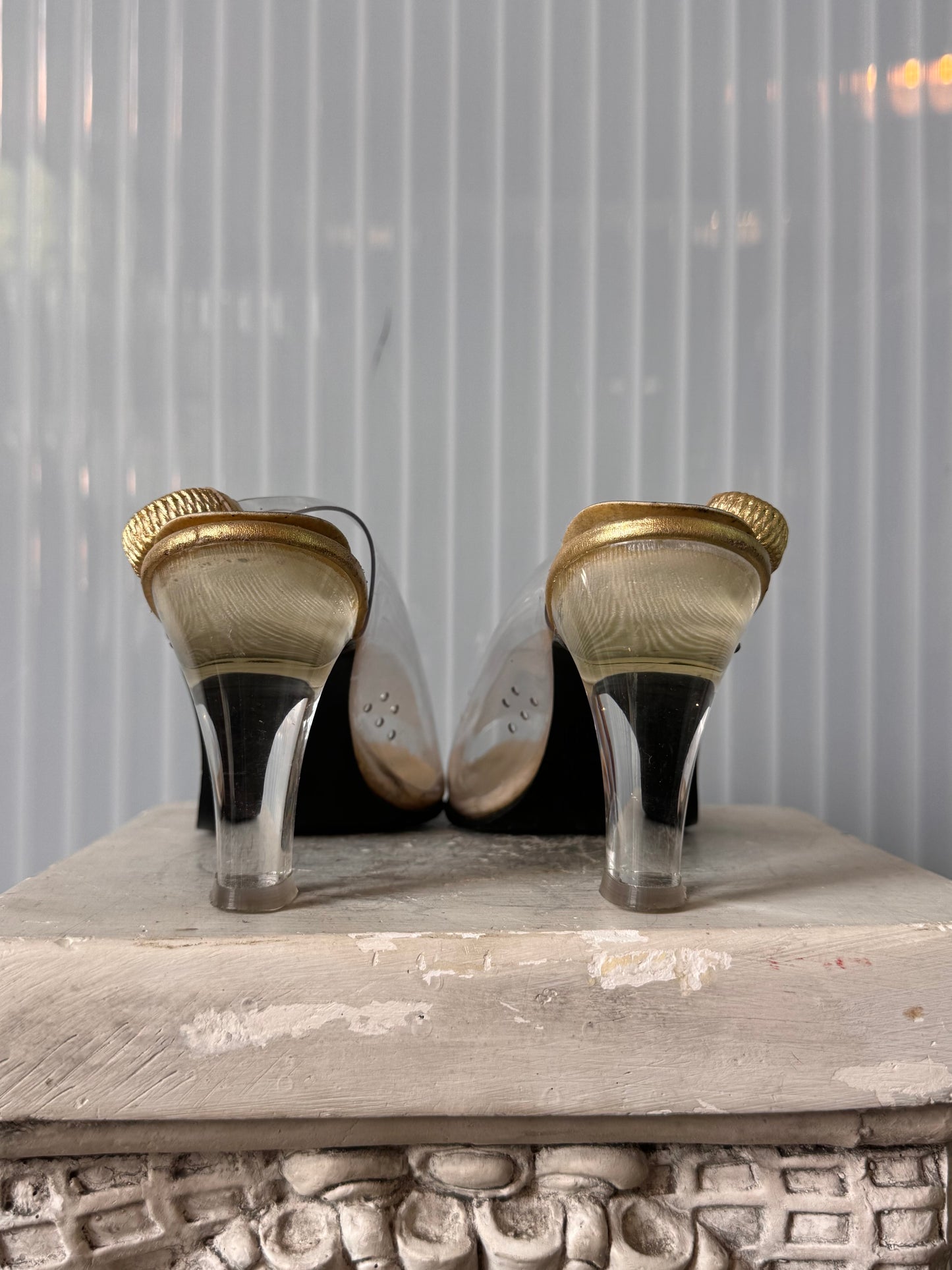 1970s Gold & Clear PVC Peep-toe Slingback Heels