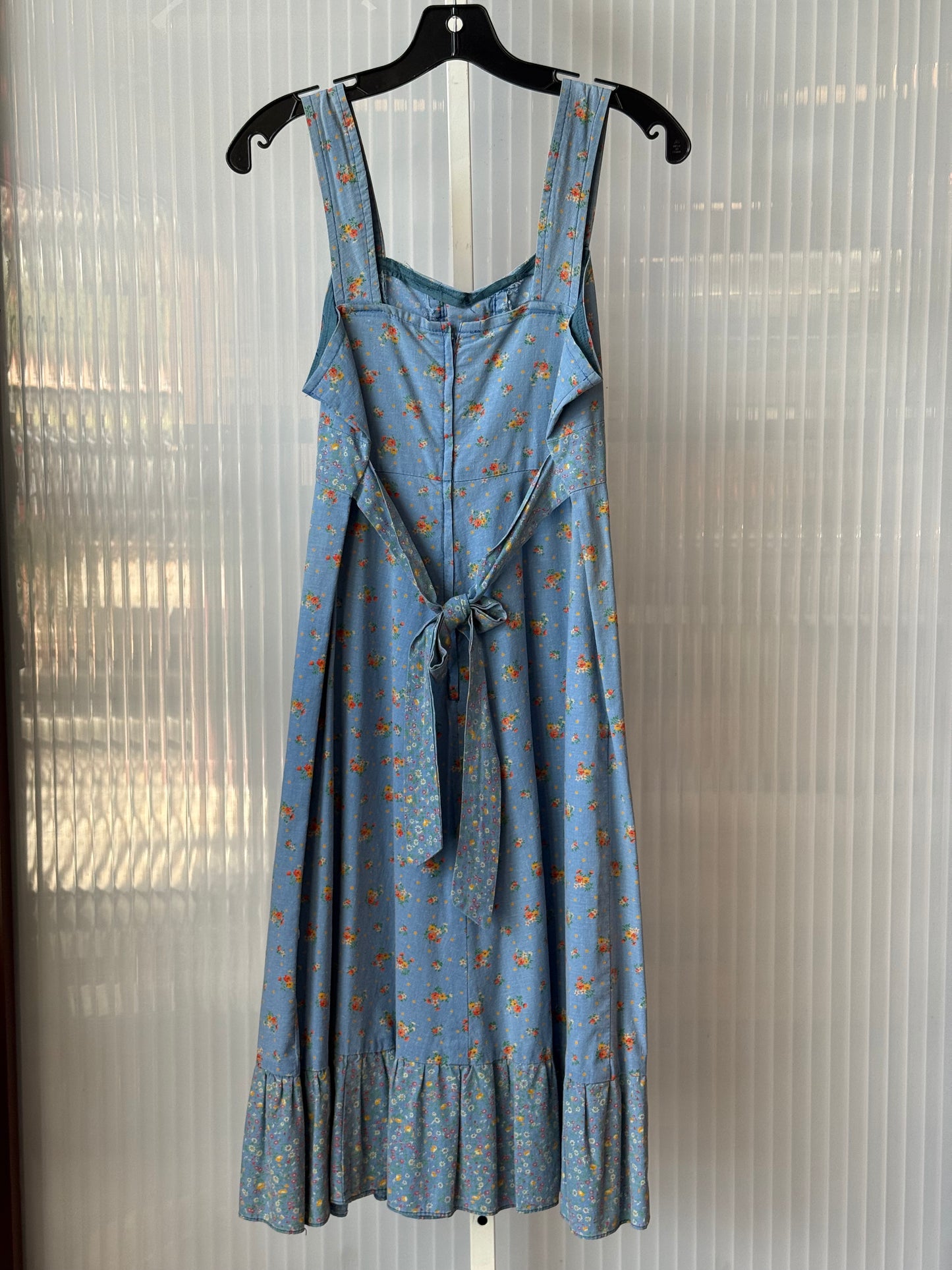 1970s Denim Floral Sun Dress w/ Lace-Up Bust