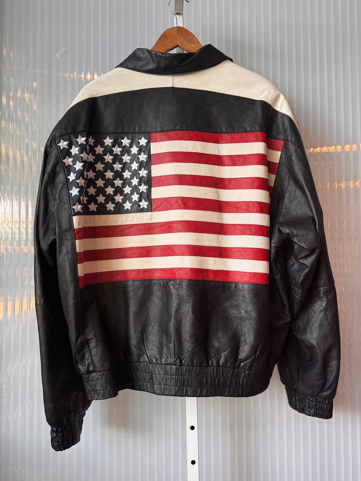 Y2K Black & White American Flag Leather Jacket