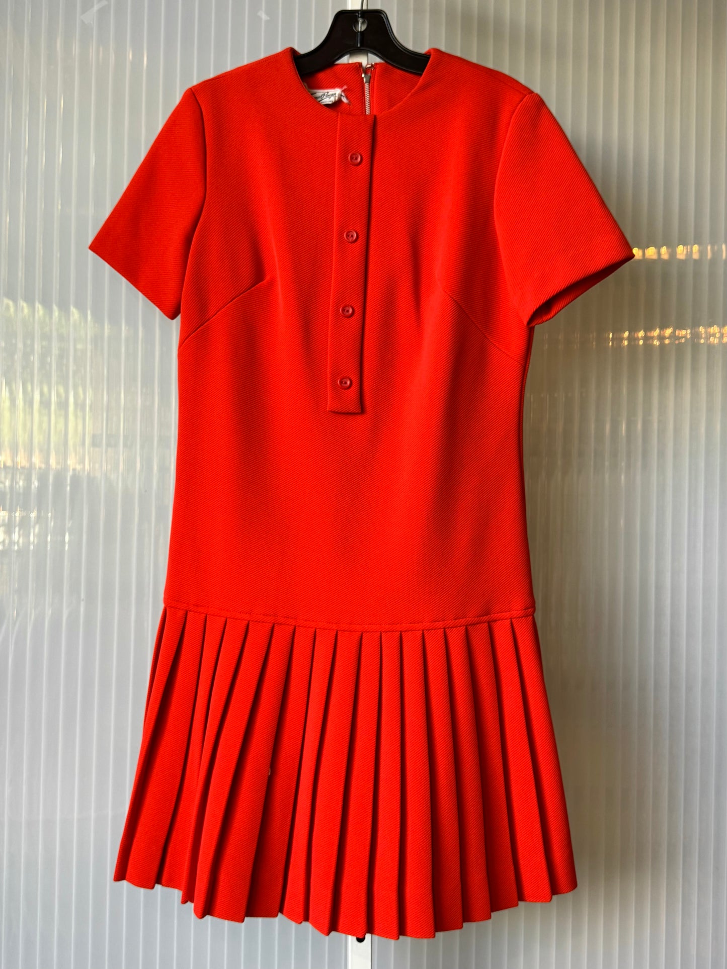 1960s Red PolyKnit Pleated Collared Dress