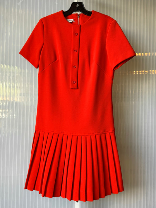 1960s Red PolyKnit Pleated Collared Dress
