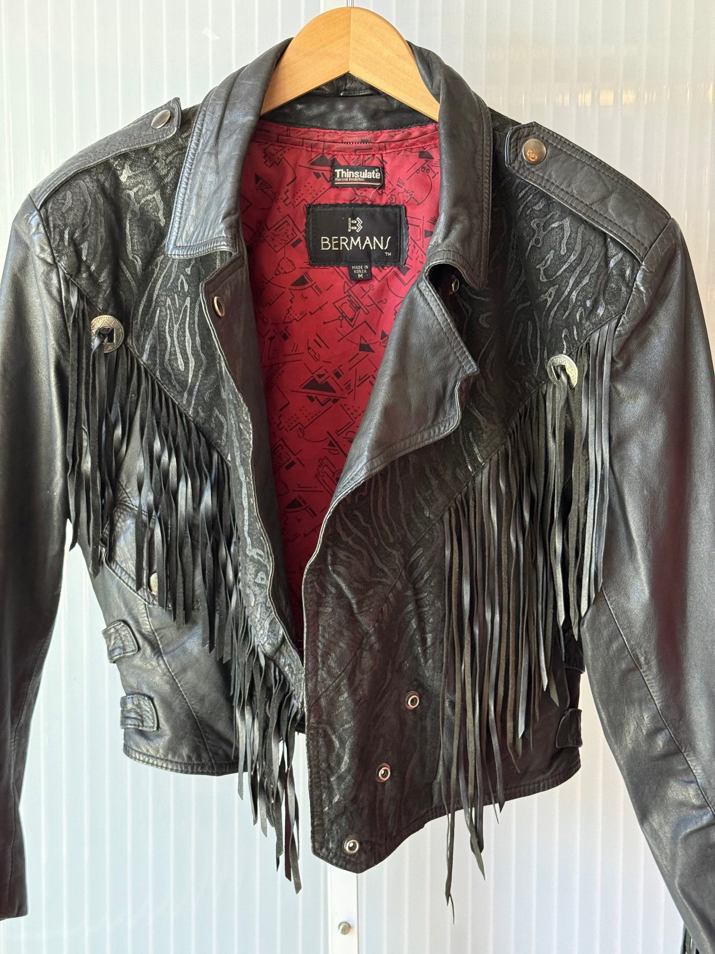 1980s Black Zebra Print Fringe Tapered Leather Jacket