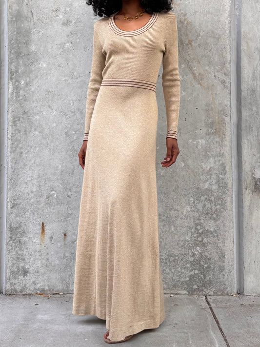 1970s Gold Sparkle Floor Length Knit Dress