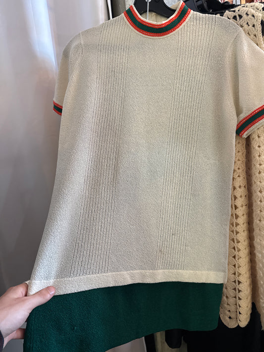 1970s Cream & Green Polyknit Top & Skirt Set