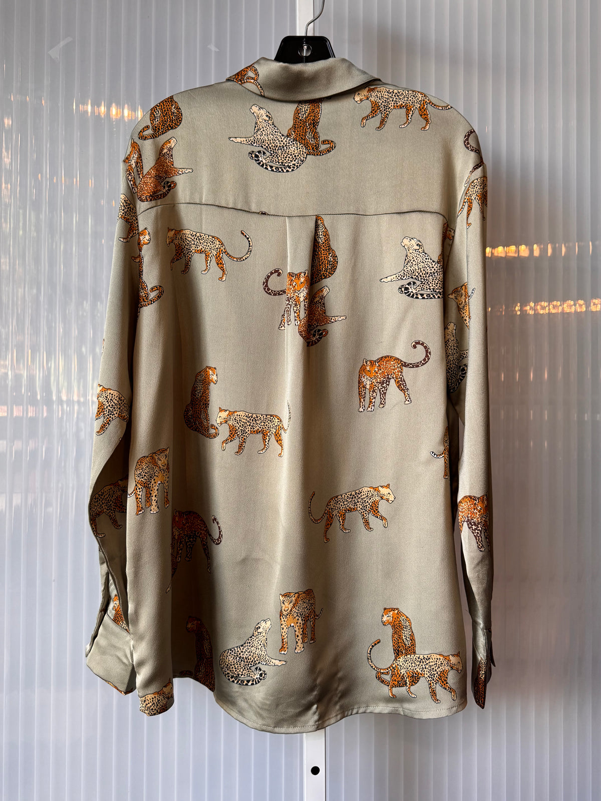 2000s Leopard Print Thyme Green Satin Blouse