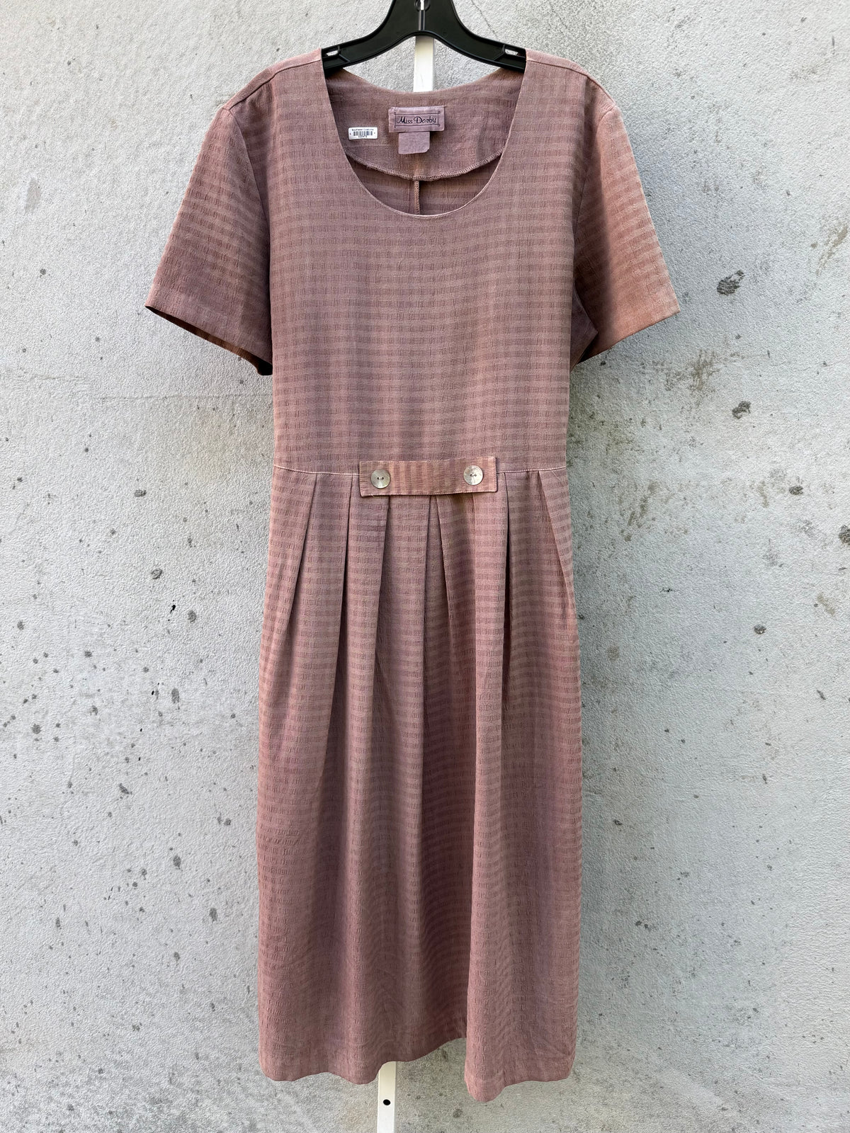 1970s Taupe Striped Pleated Dress with Abalone Buttons