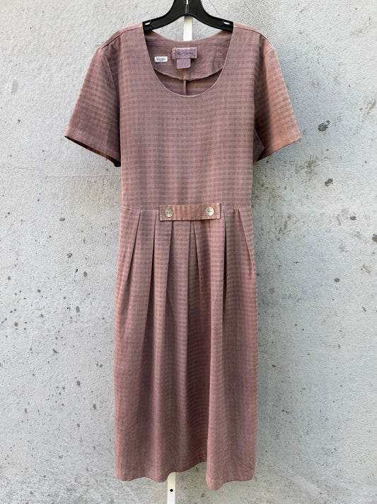 1970s Taupe Striped Pleated Dress with Abalone Buttons