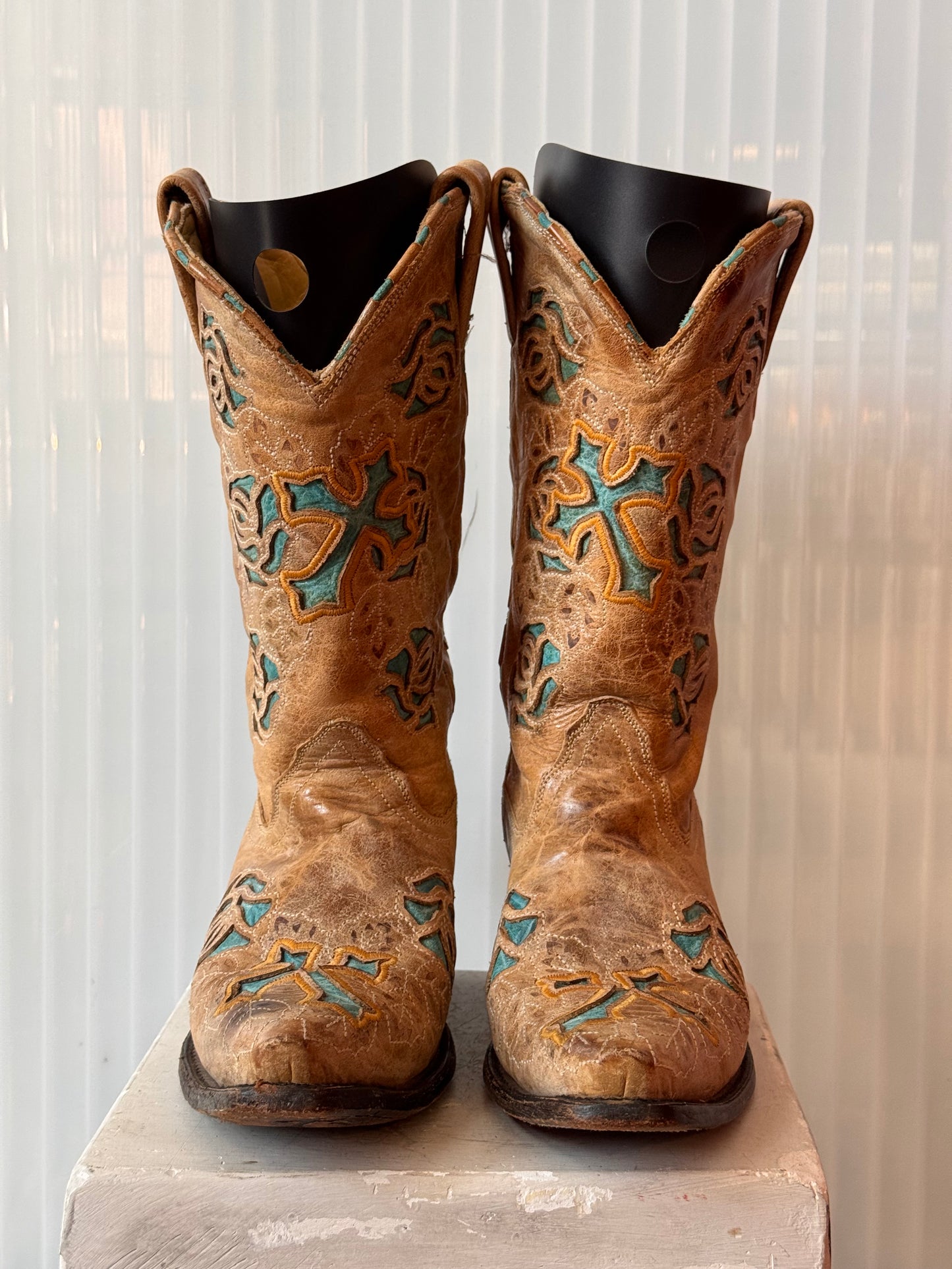Corral Tan & Teal Floral Leather Western Boots