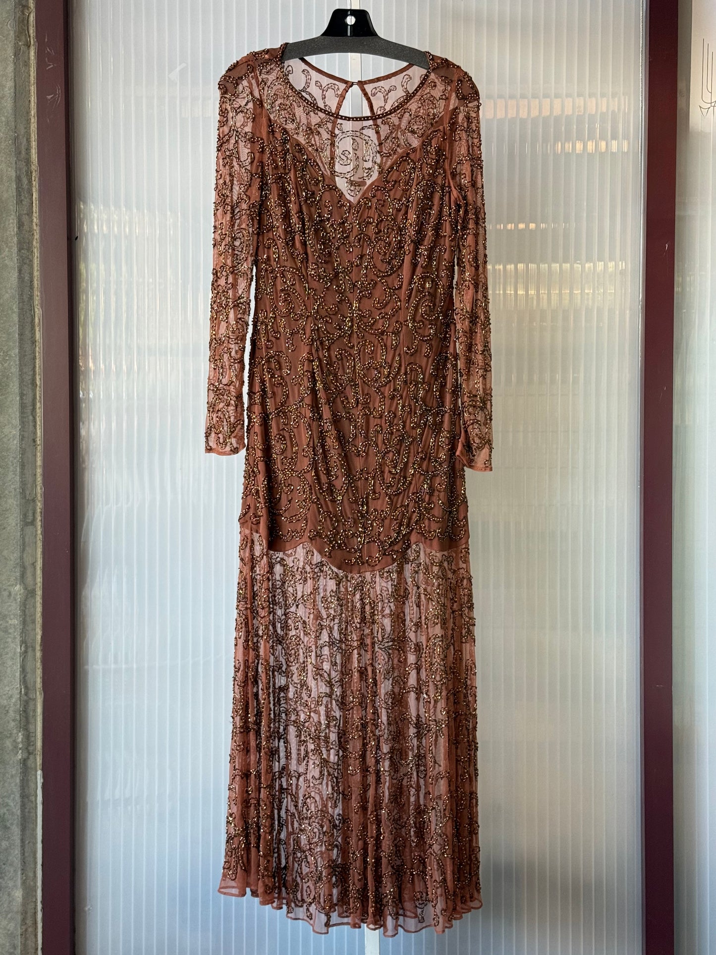 1980s Mocha Brown Sheer Long sleeve Beaded Evening Gown