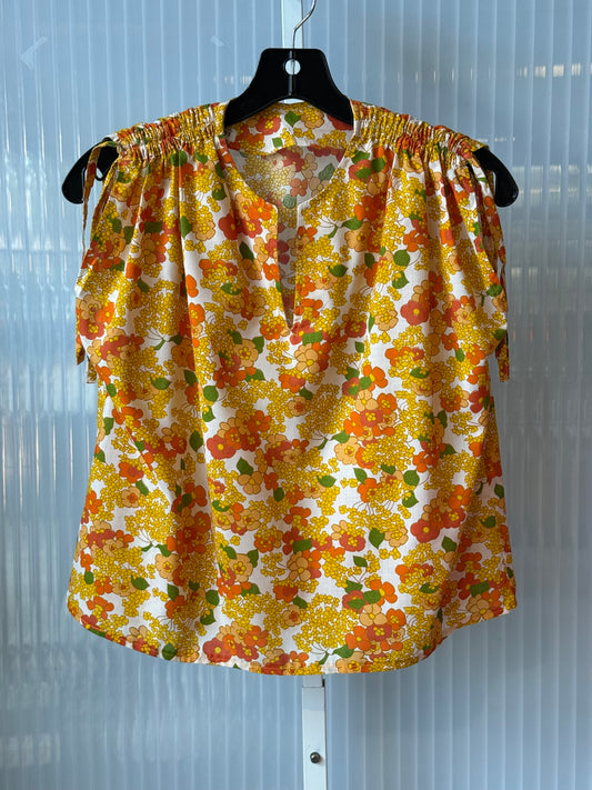 1970s Orange Floral Patterned Cropped Sleeveless Blouse