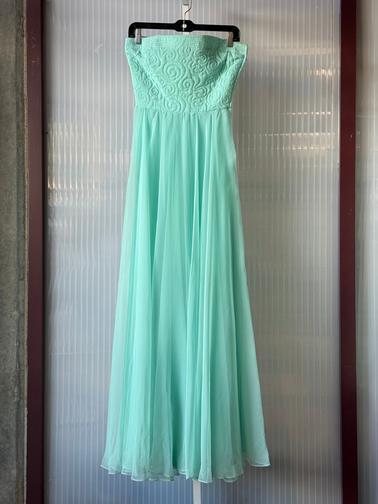 1970s Aqua Blue Empire Waist Flowing Evening Gown