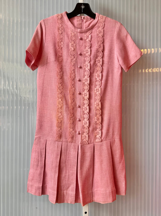 1960s Bubblegum Pink Mod Drop-Waist Box Pleated Dress