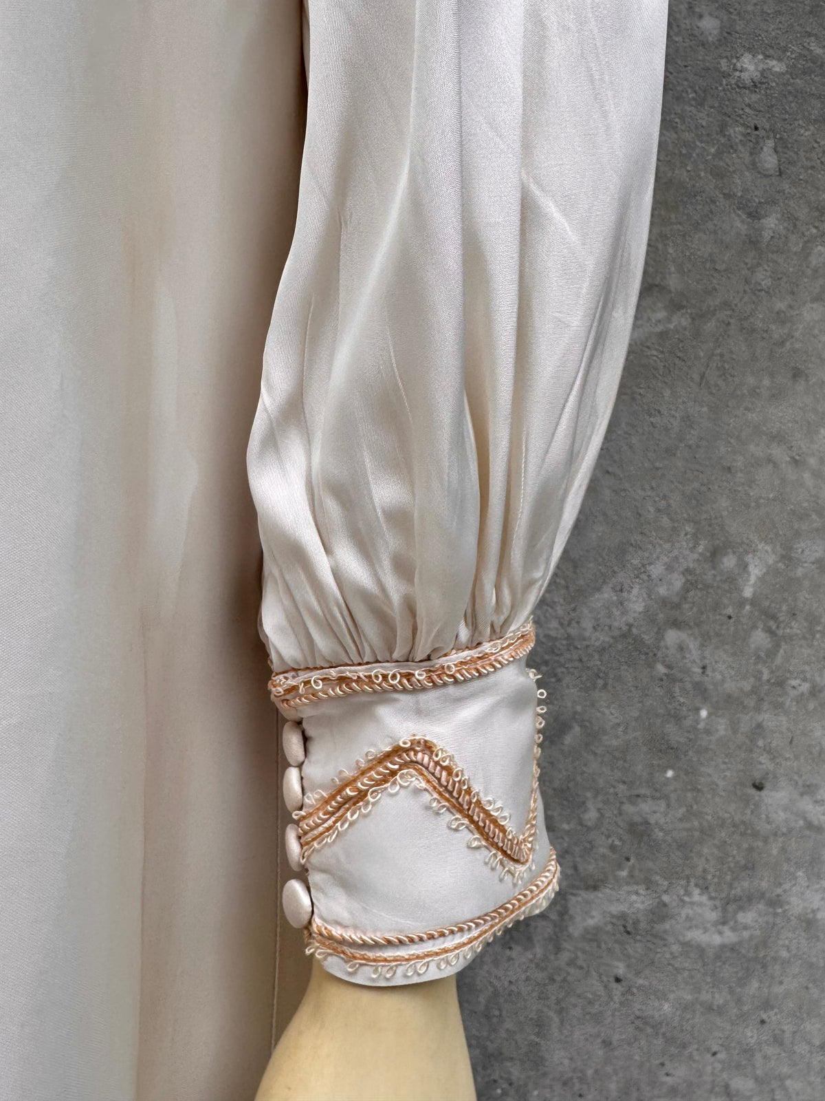 1970s Cream Wedding Dress with Tan Embroidery