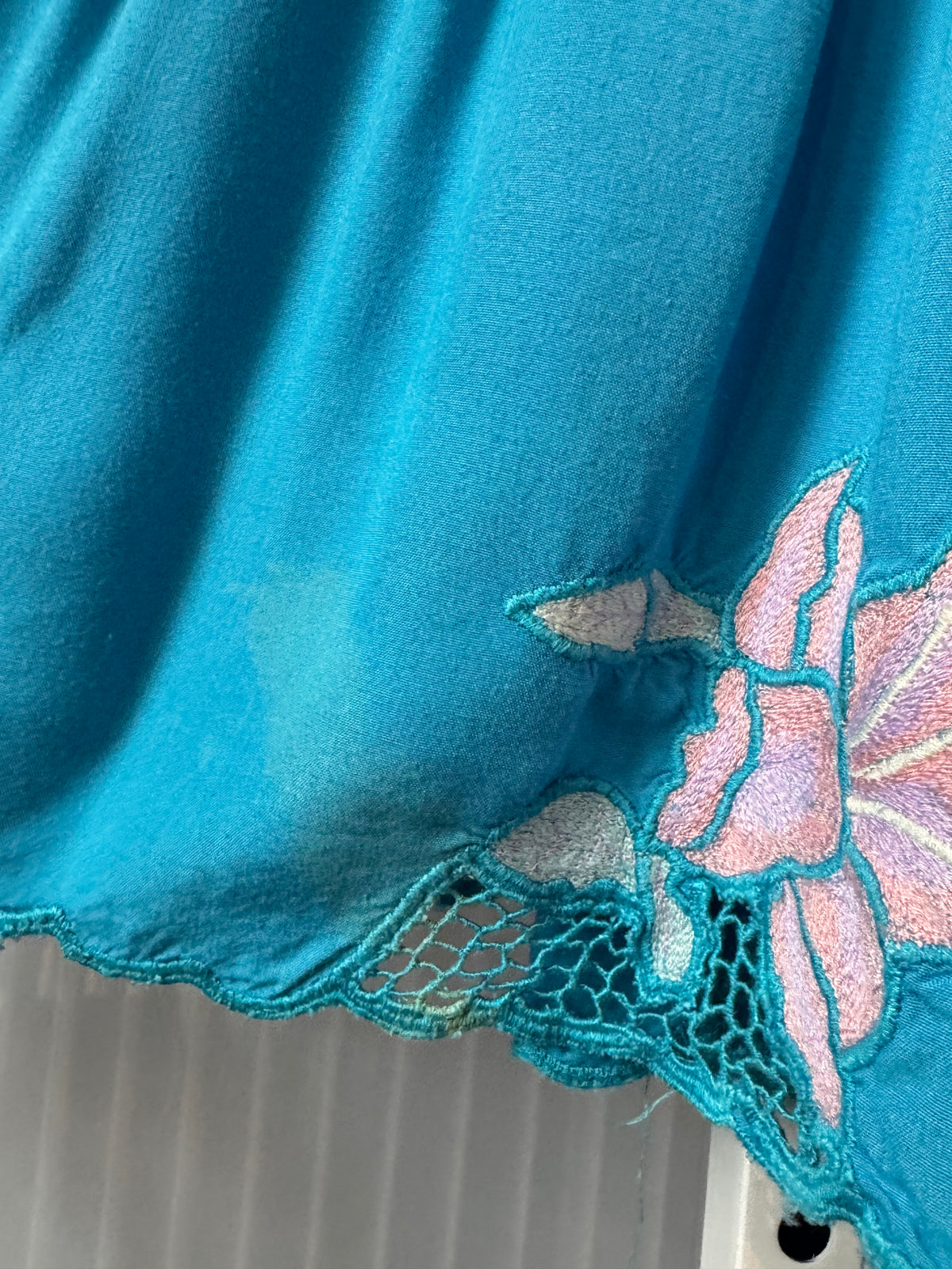 1970s Blue & Pink Floral Embroidered Dress