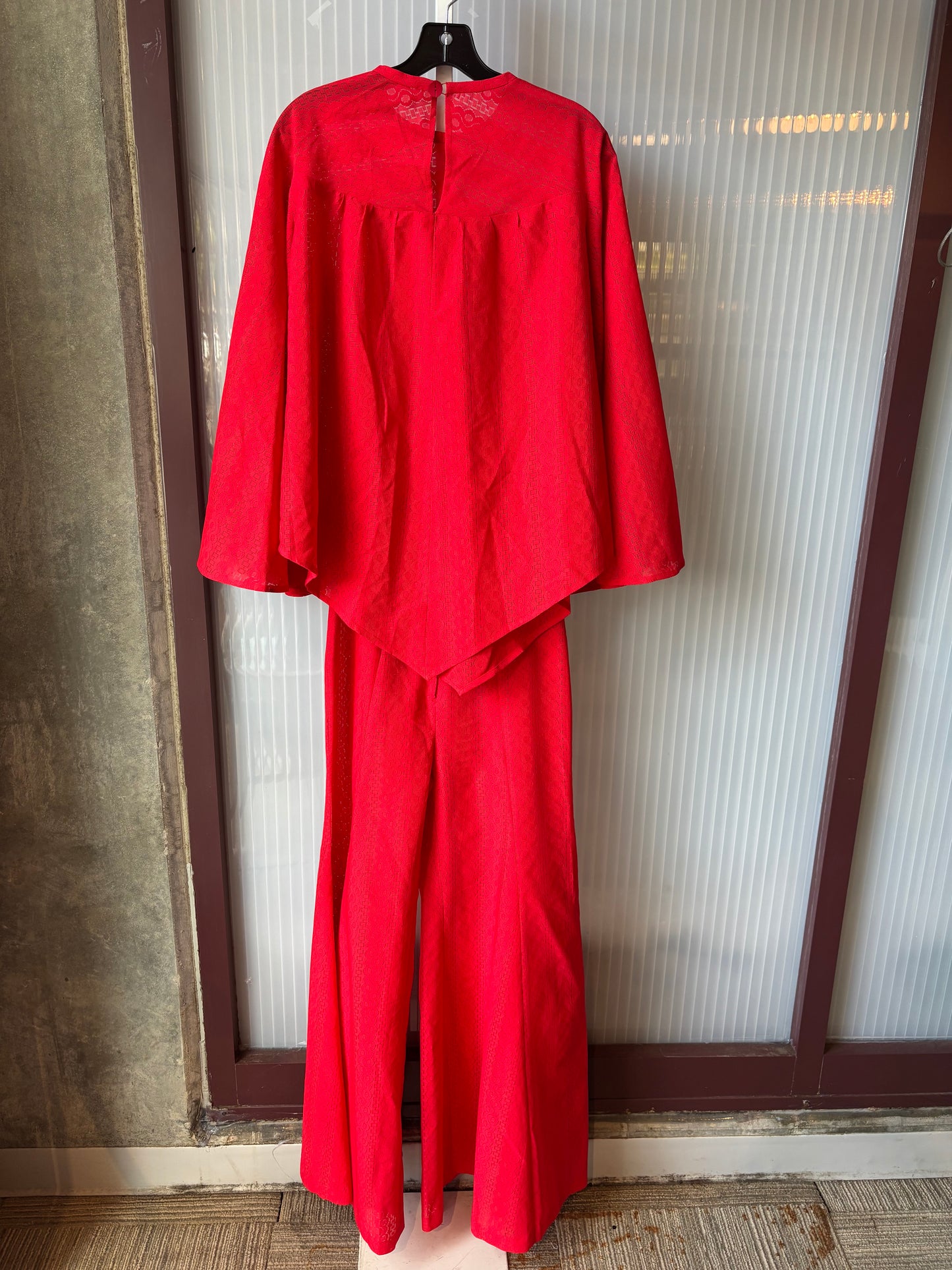 1970s Billowing Gathered Bright Red Lace Blouse & Pants Set
