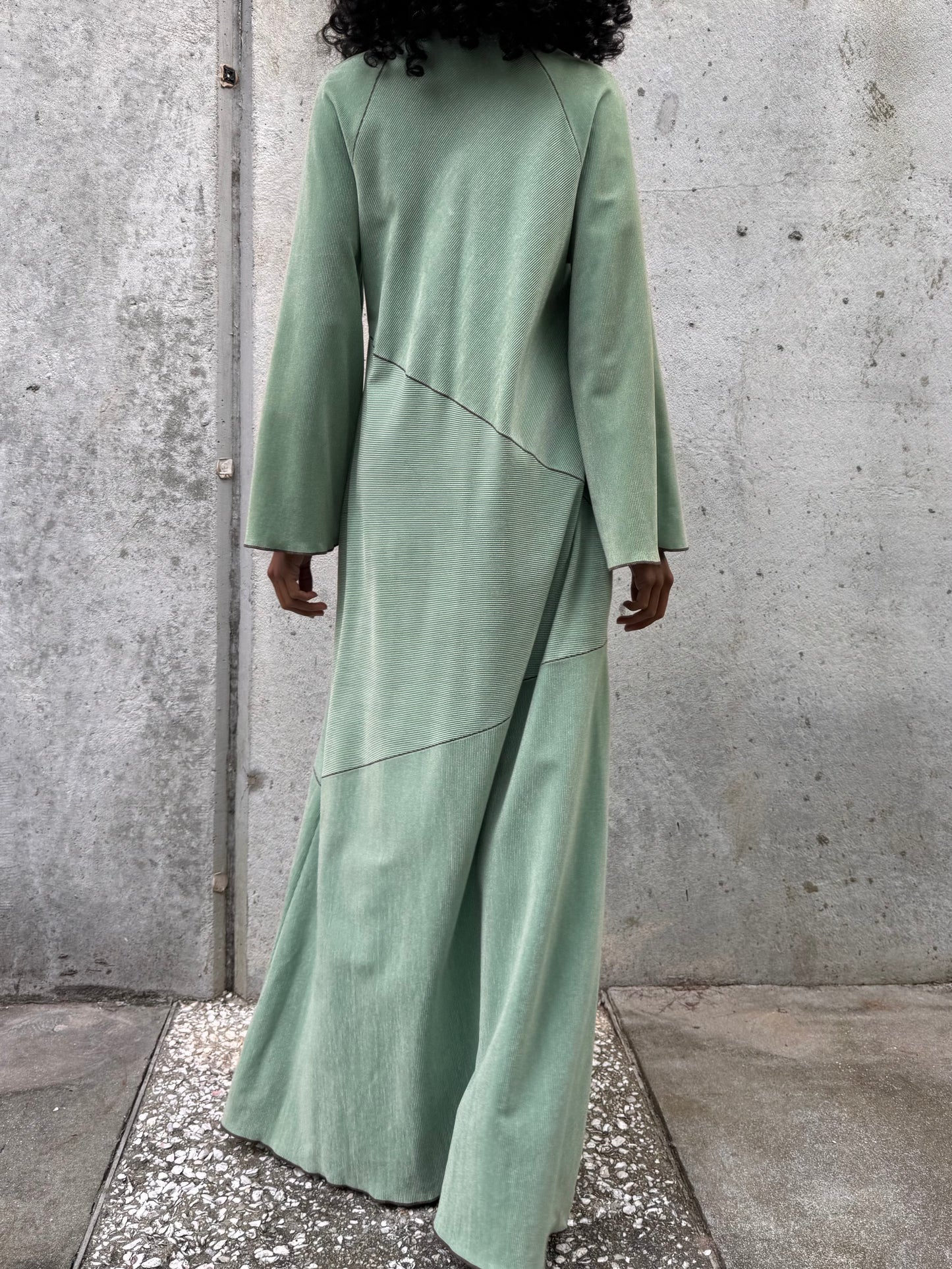 1970s Sage Green Dress with Brown Stitching