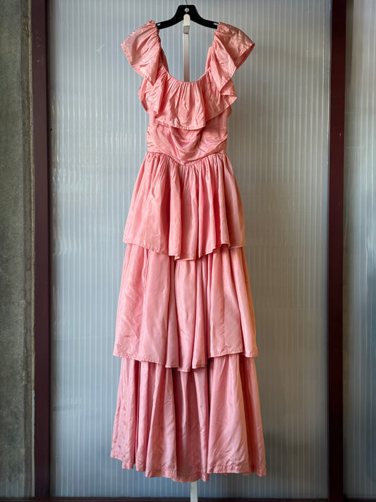 1980s Blush Pink Satin Gown w/ Pleated Layers
